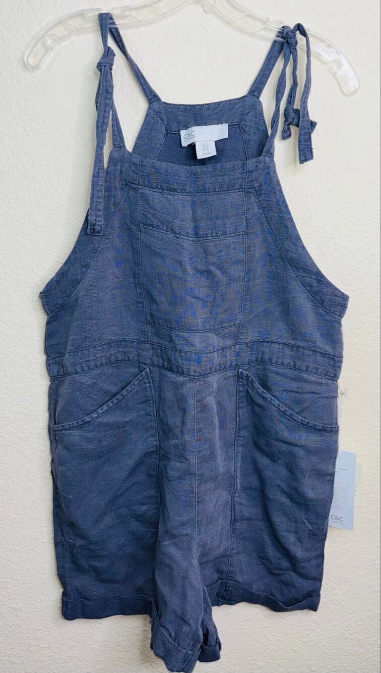 C & C California Linen Tie-Shoulder Romper, Pockets, Blue, Women Size Medium